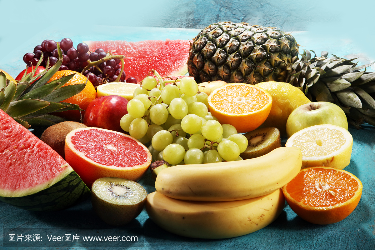 新鲜有机水果背景。健康饮食的概念。